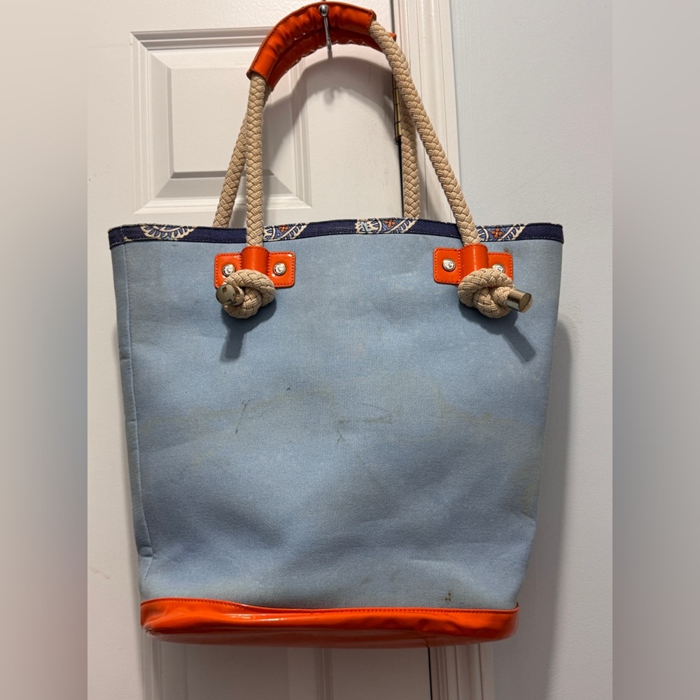 Spartina 449 Blue and Orange beach Tote Bag with Crab Design - Picture 8 of 13